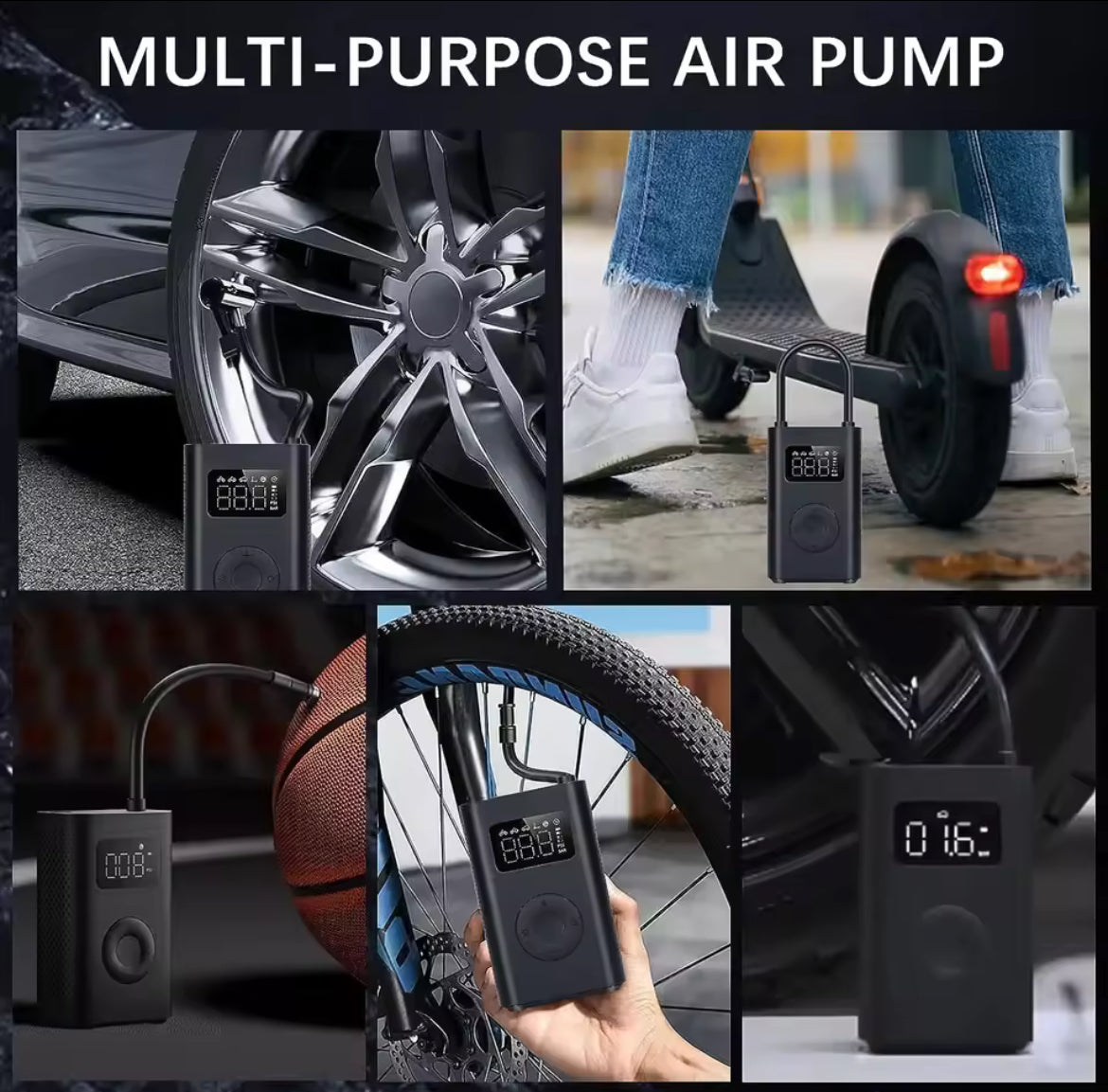 Compresseur à Air Portatif Gonfleur Pneus électrique Voiture 150PSI (10.5 Bars) avec Lumière LED, 3 Embouts de Gonflage, Pompe pour Vélo, Moto, Balle