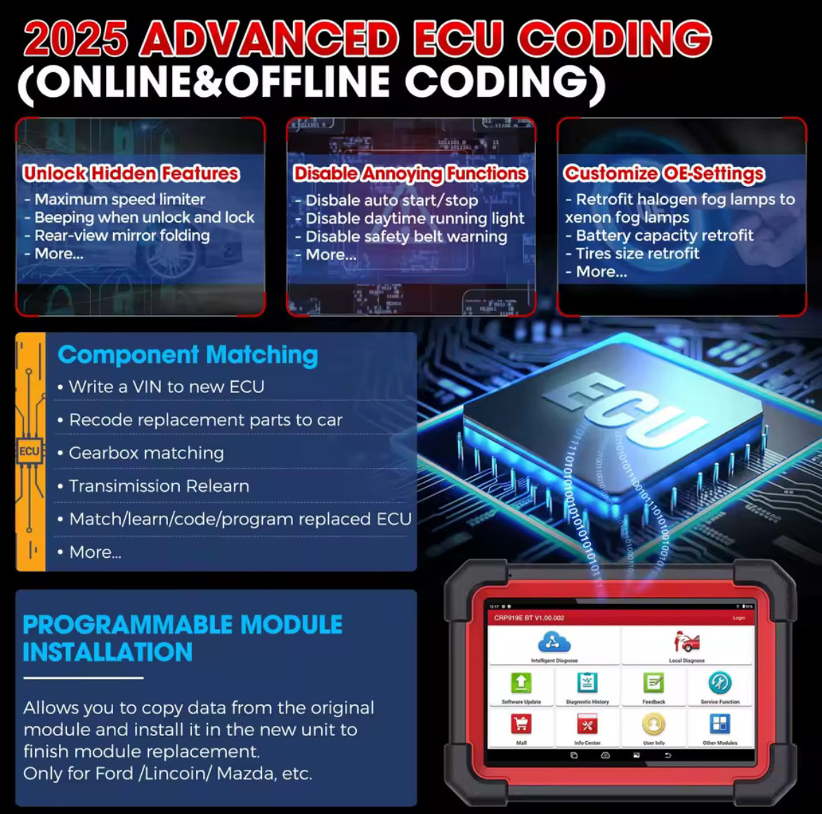 Appareil de diagnostic autos, motos et bateaux LAUNCH version 2025 X431 CRP919E BT Elite avec 2 ans de mis à jour OFFERTE