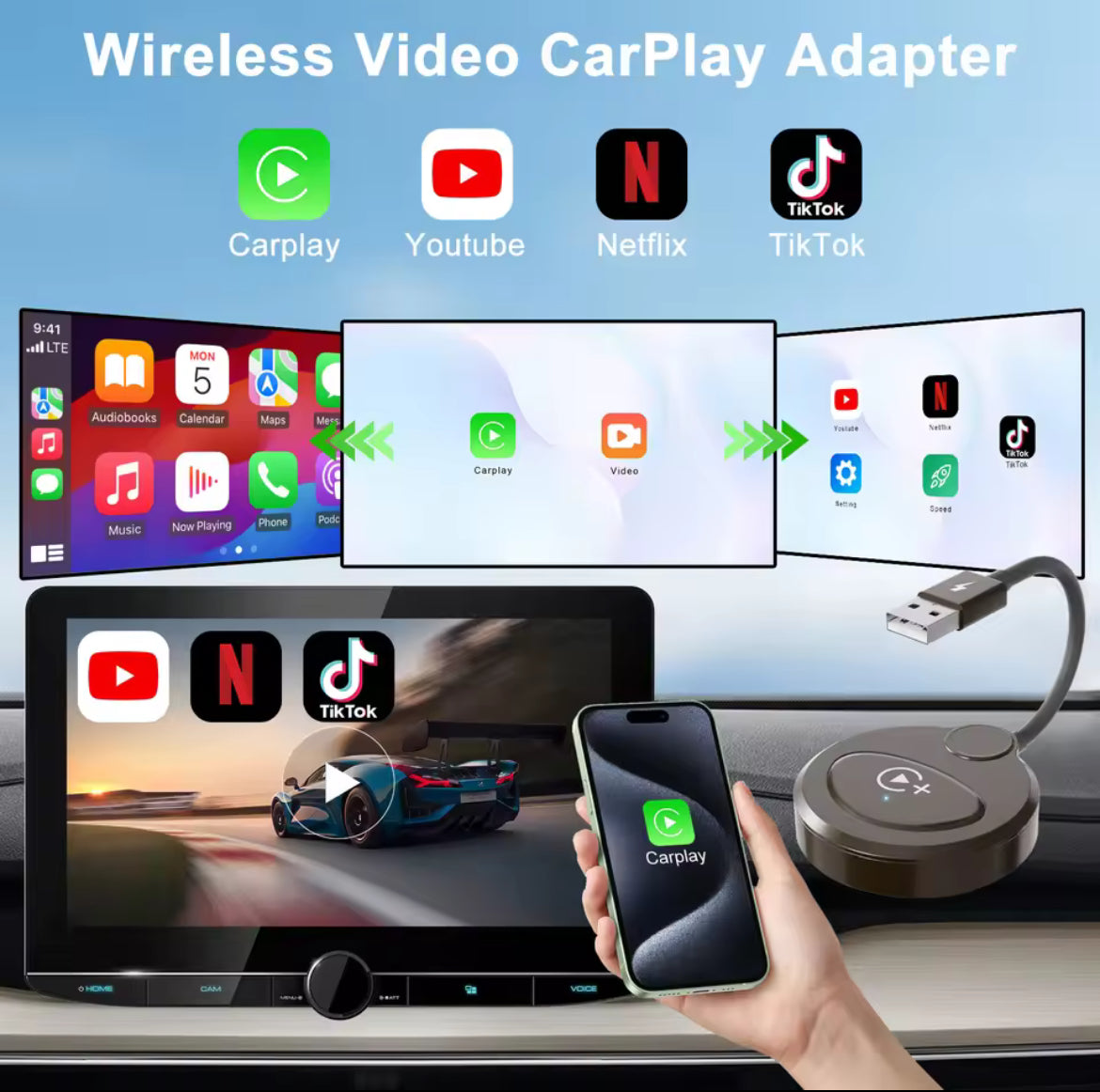 Adaptateur sans fil Carplay avec Youtube/Netflix/Tiktok, USB