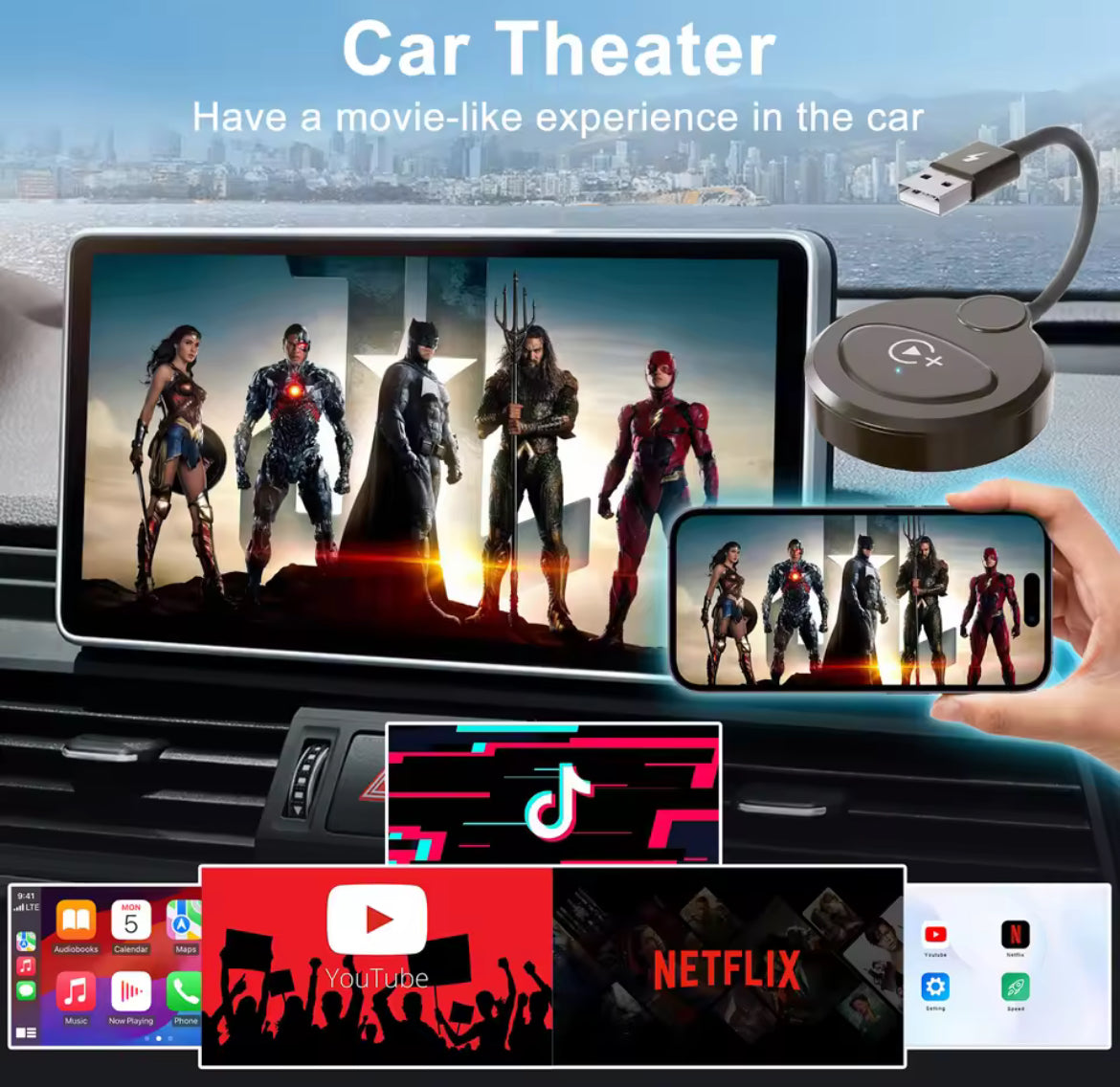 Adaptateur sans fil Carplay avec Youtube/Netflix/Tiktok, USB