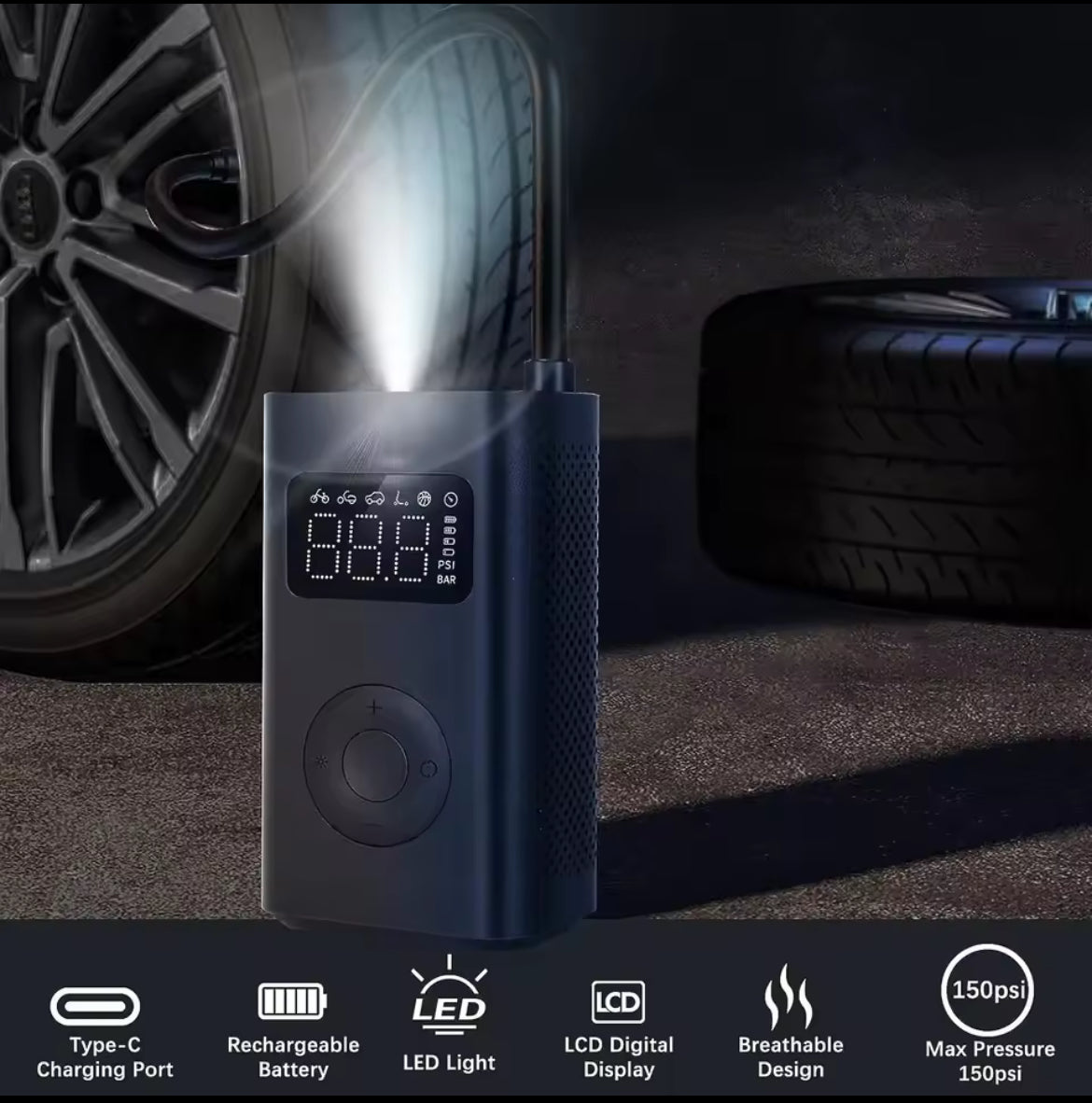 Compresseur à Air Portatif Gonfleur Pneus électrique Voiture 150PSI (10.5 Bars) avec Lumière LED, 3 Embouts de Gonflage, Pompe pour Vélo, Moto, Balle