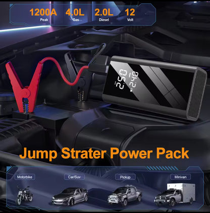 Un booster de voiture portable multifonctions qui intègre un gonfleur, un compresseur d'air numérique et une lampe torche