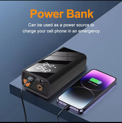 Un booster de voiture portable multifonctions qui intègre un gonfleur, un compresseur d'air numérique et une lampe torche