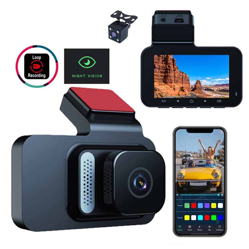 Dashcam Caméra de voiture WiFi 1080P – Double objectif avec écran IPS 3", vision nocturne et mode stationnement 24h