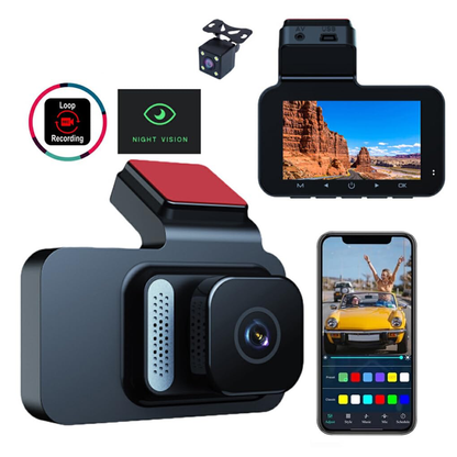 Dashcam Caméra de voiture WiFi 1080P – Double objectif avec écran IPS 3", vision nocturne et mode stationnement 24h