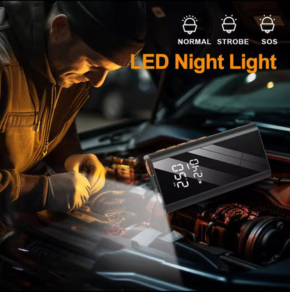 Un booster de voiture portable multifonctions qui intègre un gonfleur, un compresseur d'air numérique et une lampe torche