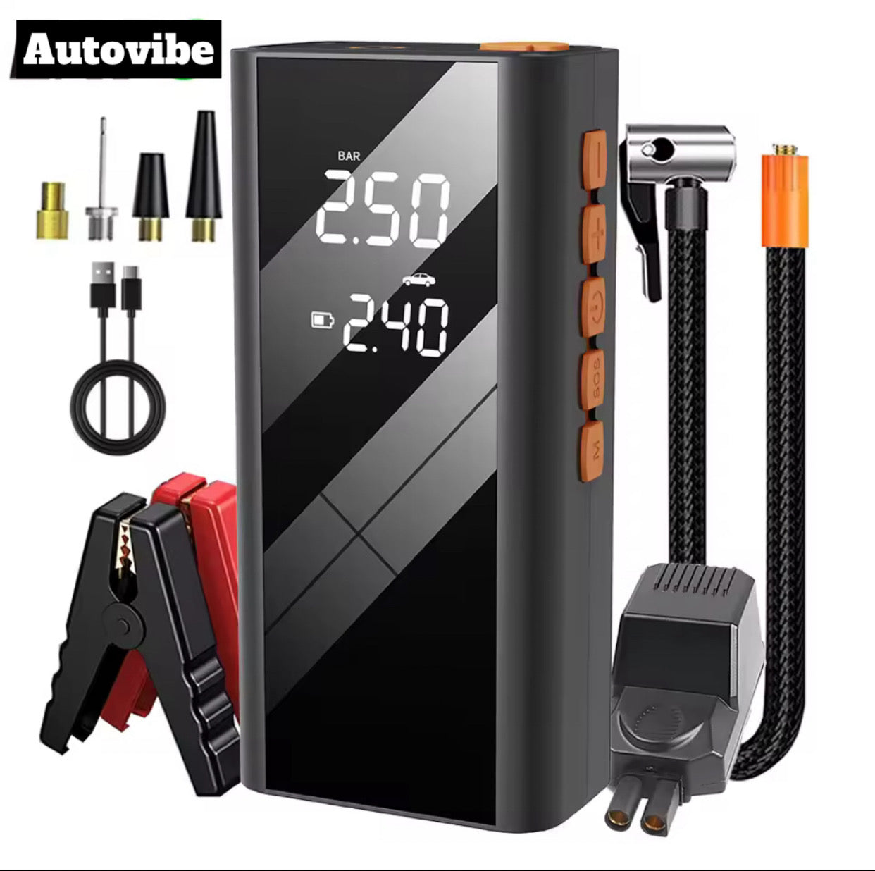 Un booster de voiture portable multifonctions qui intègre un gonfleur, un compresseur d'air numérique et une lampe torche