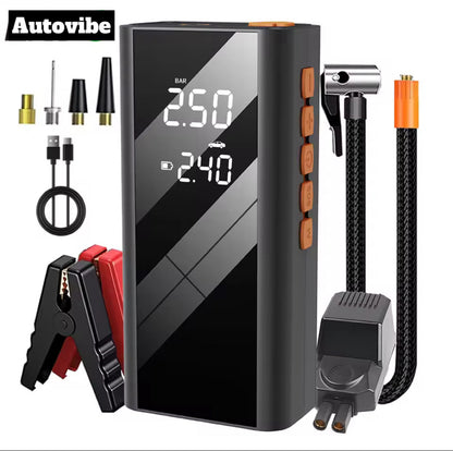 Un booster de voiture portable multifonctions qui intègre un gonfleur, un compresseur d'air numérique et une lampe torche
